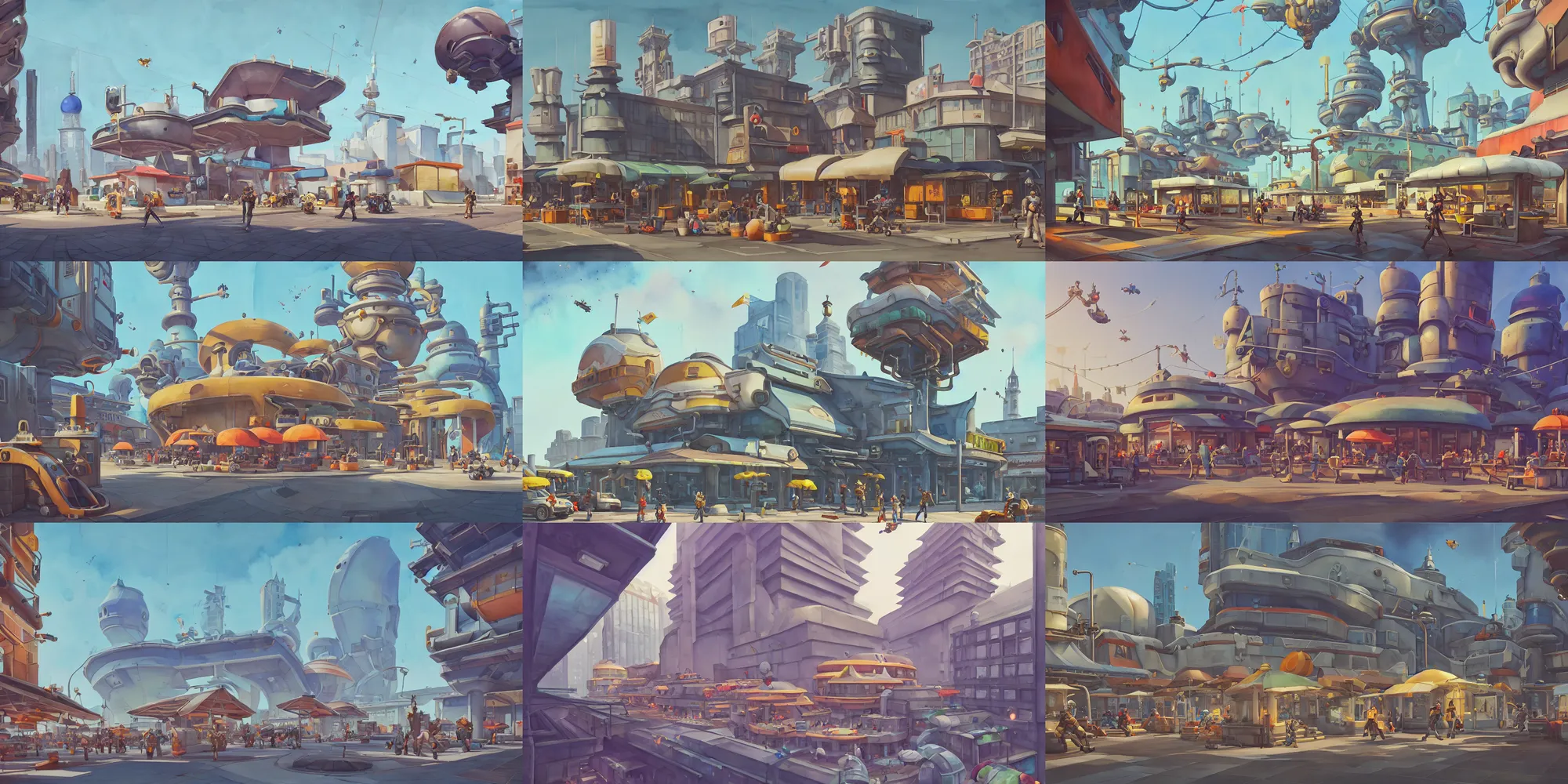 Prompt: overwatch building, stylized, exterior, architecture, in watercolor gouache detailed paintings, insanely detail, artstation, 8 k, futuristic, big medium small, arcane, simon stalenhag, food stall, interesting shapes & form, wes anderson, megastructures, vitaly bulgarov, mall, elites, clean