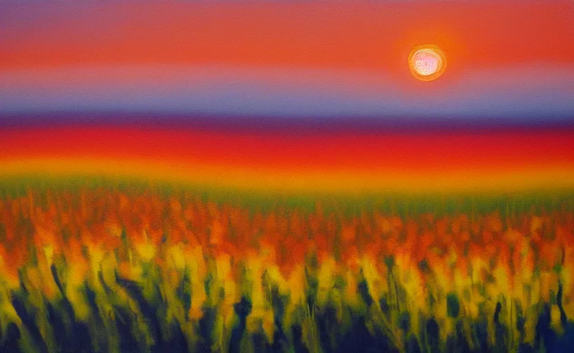 Image similar to abstract painting of a flower field at sunset, in the style of john armleder