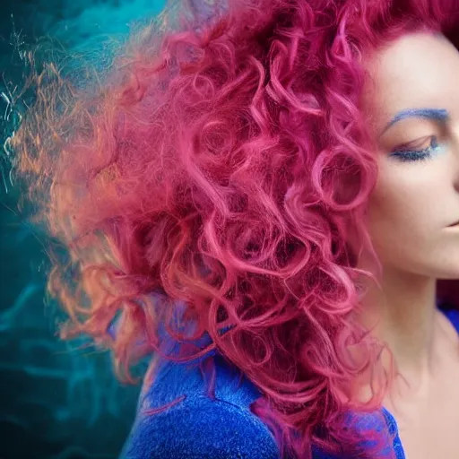 Prompt: Close-up side profile portrait of an attractive woman with an aquiline nose and a strong jawline. She has glowing blue skin with a complex subsurface energy effect. Her big long wavy curly pink and orange hair fills most of the image and is realistically illuminated by the blue glow of her face. Her big long wavy curly pink and orange hair hangs down behind her face. Her big long wavy curly pink and orange hair hangs down over the side of her face, covering her ear. Weta Digital. Animal Logic. Industrial Light & Magic.