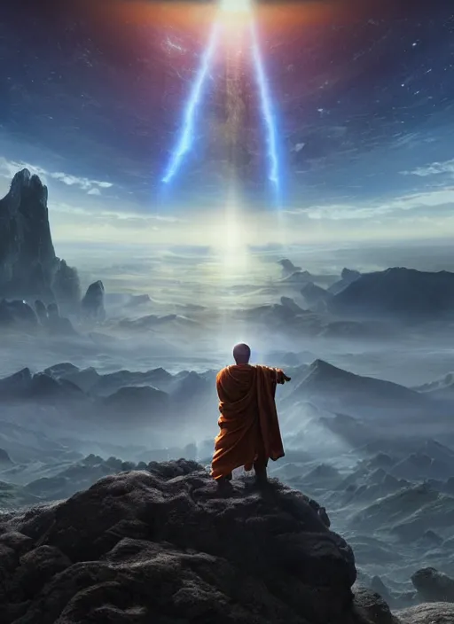 Image similar to a cosmic monk in lord of the rings scenery landscape, looking out at a futuristic alien spaceship in the sky, sunrise, god's rays, highly detailed, vivid color, cinematic lighting, perfect composition, 8 k, gustave dore, derek zabrocki, greg rutkowski, belsinski, octane render