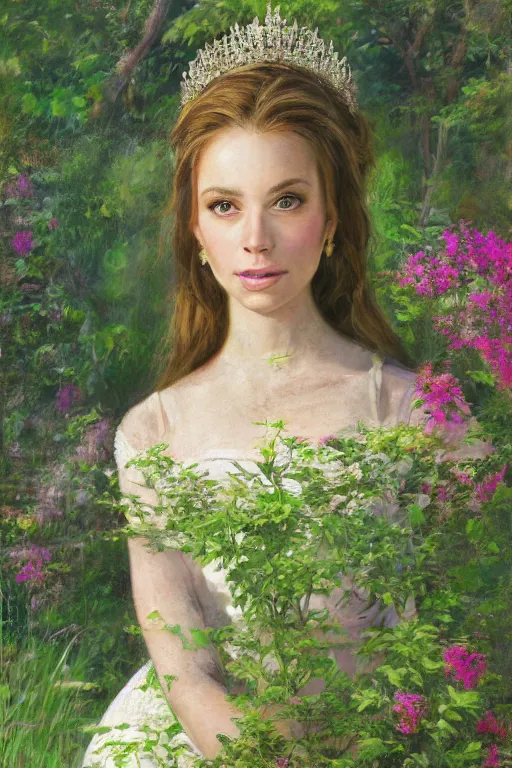 Prompt: portrait of a princess, painting by michael wellen, john stephens, in a verdant garden, tone mapping, trending on artstation