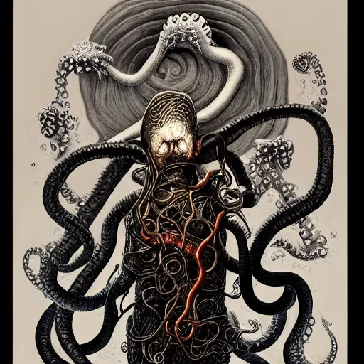 Prompt: full body shot of a man with a tentacle arms by junji ito and james jean and esao andrews, 4 k, hyperdetailed, hyperrealistic, trending on artstation, pencil art on paper, horror, dramatic lighting