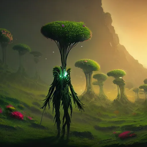 Prompt: a plant creature, plant filaments and flowers, walking on an alien planet with aliens plants, looking at an alien breathtaking landscape, cinematic lighting, concept art, artstation