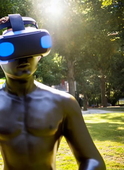 Image similar to photo still of a bronze statue of a man gaming in vr in a park on a bright sunny day, 8 k 8 5 mm f 1 6