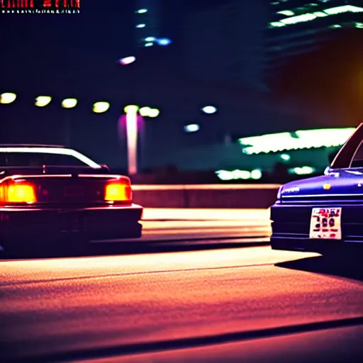 Image similar to a car JZX100 at illegal car meet, Saitama prefecture, city sunset night, cinematic color, photorealistic, highly detailed, 200MM