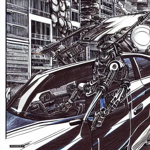 Image similar to beautiful hyper-detailed full colour manga illustration of a robot ninja warrior with a sword, driving through the city, in a modified Nissan skyline r34, cyberpunk, dystopian