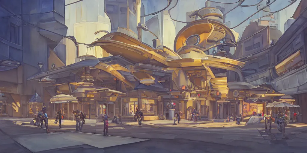 Image similar to overwatch building, stylized, exterior, architecture, in watercolor gouache detailed paintings, insanely detail, artstation, 8 k, futuristic, big medium small, arcane, simon stalenhag, food stall, interesting shapes & form, golden ratio, megastructures, vitaly bulgarov, mall, elites, clean, night scene, afterdark, evening