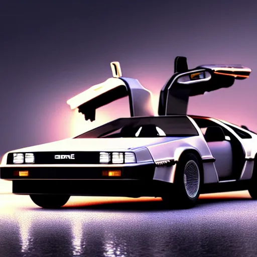 Prompt: delorean from back to the future, widebody, city, night, rain, photorealistic, hyperdetailed