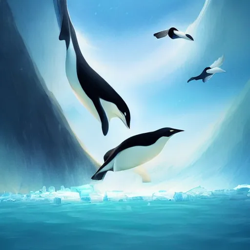 Prompt: penguins diving off a ice berg into a smiling orcas mouth , fantasy art, misty, artstation, concept art, smooth, illustration,