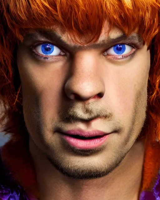 Prompt: dramatically - lit closeup portrait photograph of shaggy from the scooby - doo live - action film ( 2 0 0 2 ), sharp details, vignette, high saturation, smooth textured skin, subsurface scattering, photograph by mark mann and martin schoeller, 4 k, soft focus