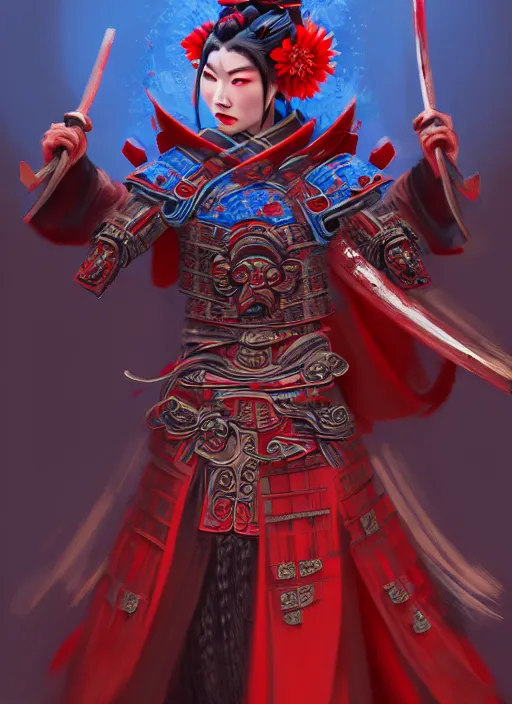 Prompt: establishing cinematic movie scene of a wrathful samurai warrior woman dressed in red holding a lotus flower killing street thugs dressed in blue garbs, cinematic scene!, intricate, elegant, highly detailed, lotus flower, artstation, concept art, smooth, sharp focus, wlop