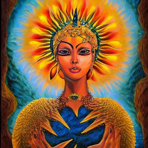 Image similar to an acrylic on canvas portrait painting of the Sun Goddess. Epic fantasy art.