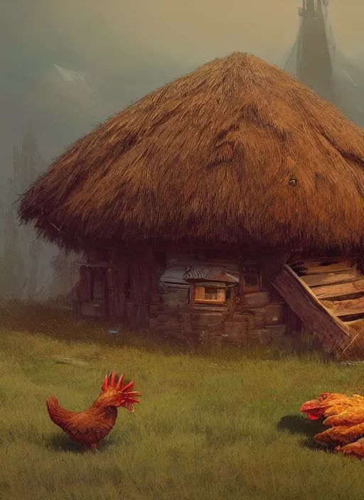 Image similar to hut with big chicken legs, greg rutkowski, zabrocki, karlkka, jayison devadas, trending on artstation, 8 k, ultra wide angle, zenith view, pincushion lens effect