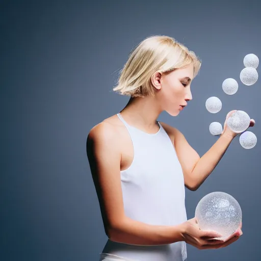 Prompt: Beautiful blonde girl in white minimalistic clothes juggles three spheres made of water, white minimalistic space, professional photo, everything is in balance