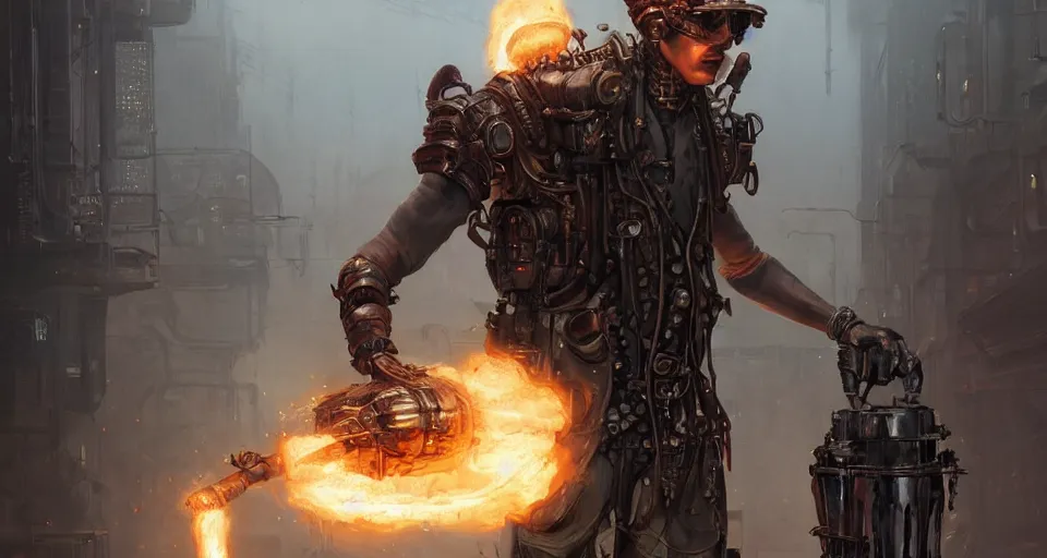 Image similar to a highly detailed epic cinematic concept art CG render digital painting artwork scene: retrofuturistic 1920s cyberpunk steampunk man brutally fused with a smoking combustion engine backpack. By Greg Rutkowski, Ilya Kuvshinov, WLOP, Stanley Artgerm Lau, Ruan Jia and Fenghua Zhong, trending on ArtStation, made in Maya, Blender and Photoshop, octane render, excellent composition, cinematic dystopian brutalist atmosphere, dynamic dramatic cinematic lighting, aesthetic, very inspirational, arthouse