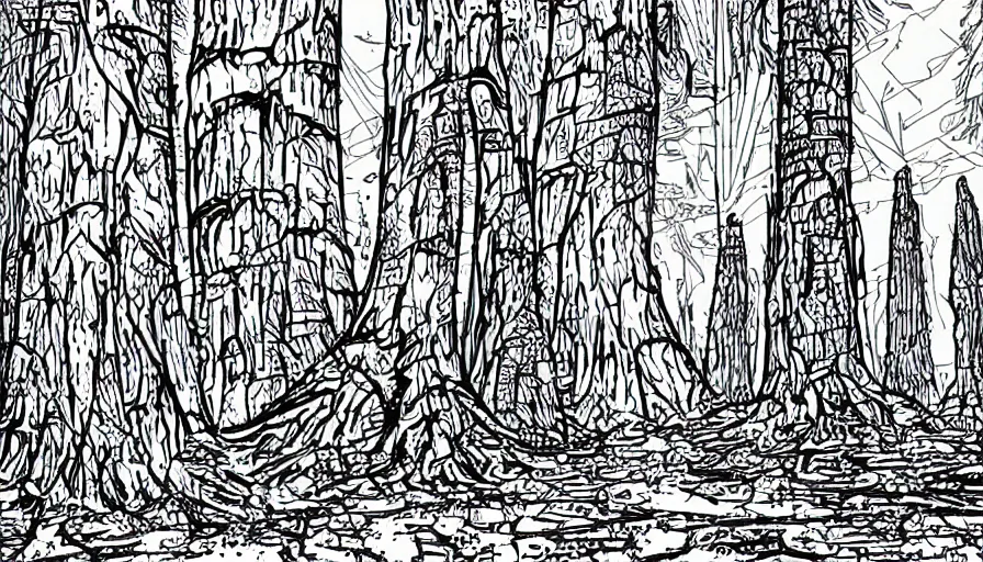 Image similar to alien ruins between towering red trees, dark, vector style drawing