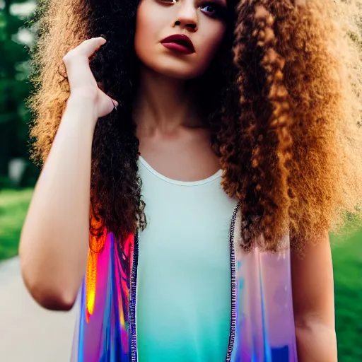 Image similar to selfie of a young woman, wearing a translucent and iridescent jacket over a tank top, curly long hair, caucasian, sigma 85mm f/1.4, 4k, depth of field, high resolution, 4k, 8k, hd, full color