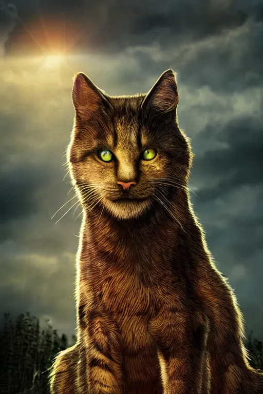 Image similar to a movie poster for warrior cats, depth of field, sun flare, hyper realistic, very detailed, backlighting, cgi, by wayne mclouglin