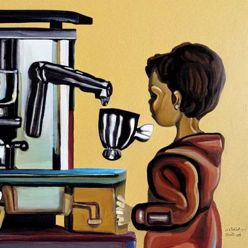 Image similar to a painting of a humanoid espresso machine that makes coffee from human souls