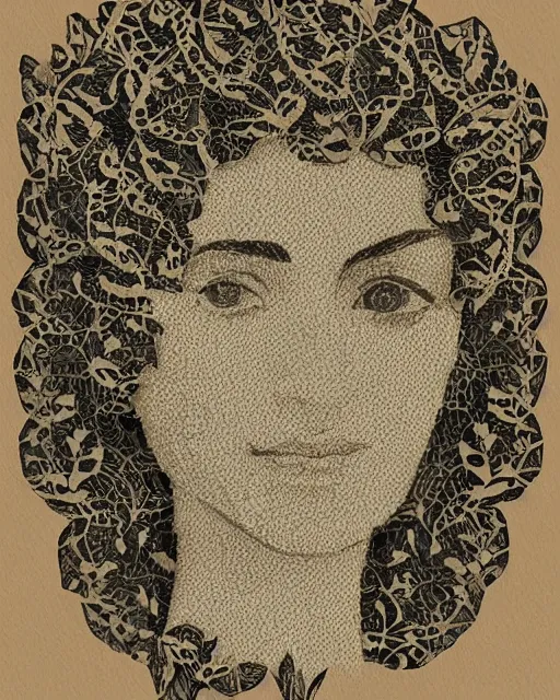 Image similar to a woman's face in profile, made of intricate decorative lace leaves, in the style of banknote illustration