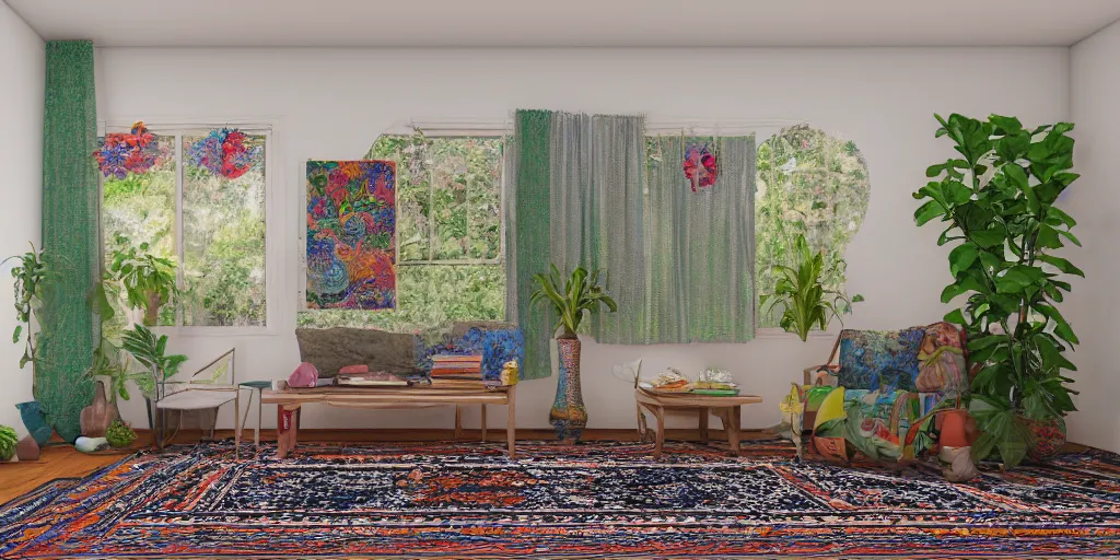 Image similar to 1 9 6 9 living in an older house, hippie pad, hippie chic, antiques, tropical houseplants, beaded curtains, posters on the walls, persian rugs, artstation, v - ray render, 8 k