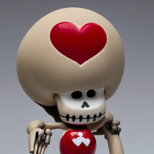 Prompt: A smiling off-white colored cheburashka skeleton porcelain figurine with a broken red heart hidden under the bones, 4k, shiny, high definition, detailed product shot, kaws