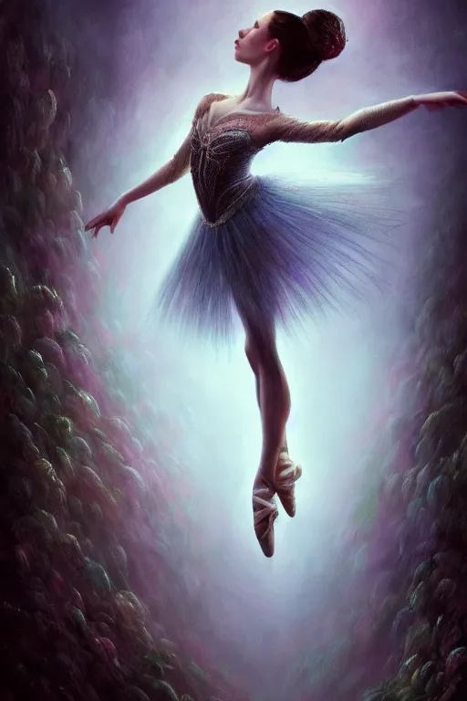 Image similar to prima ballerina, gorgeous, ethereal, intricate, elegant, volumetric lighting, nature scenery, digital painting, highly detailed, artstation, sharp focus, illustration, concept art, clive barker