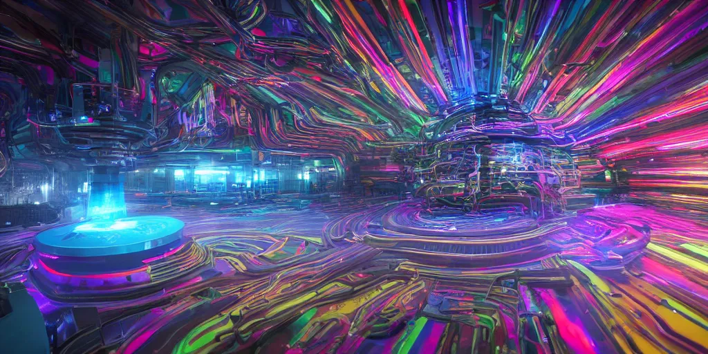 Prompt: A seamless 3D HDRI image finely detailed interconnected rainbow circuitry like colorful threads emerging from the darkness showing the thought process of AI, insanely detailed, unreal engine 8K, futuristic, sci-fi