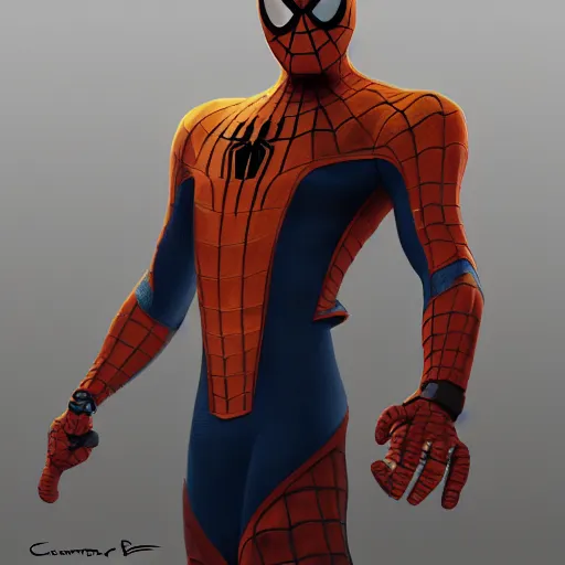 Prompt: concept render of an orange robot spiderman by cedric peyravernay and leon tukker