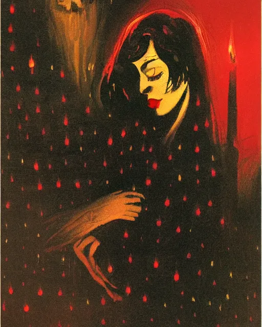 Image similar to a girl meeting the devil in the rain at night, 1 9 7 0 s, seventies, wallpaper, delicate embellishments, painterly, offset printing technique, by brom, robert henri, walter popp