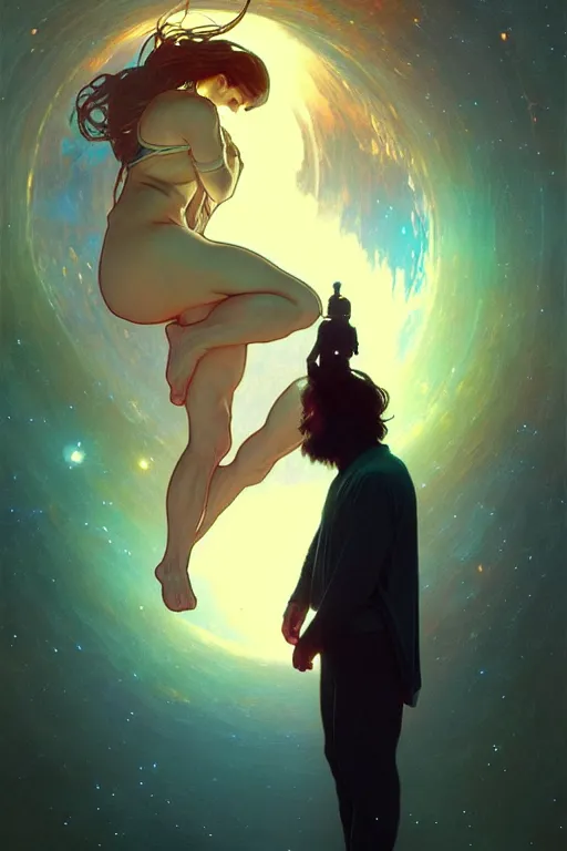 Prompt: alan watts floating in the universe full body painting highly detailed dramatic lens lighting by artgerm and greg rutkowski and alphonse mucha and simon stalenhag artstation