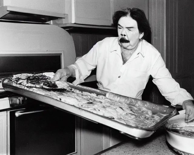 Prompt: candid photo of captain beefheart removing a lasagne from the oven