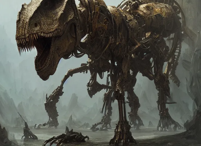 Prompt: jurassic battle mech, full body, fantasy, fantastical, intricate, elegant, highly detailed, digital painting, art station, concept art, smooth, sharp focus, oil painting, art by caravaggio and greg rutkowski and klimt