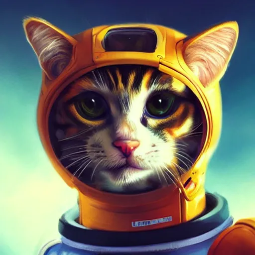 Image similar to head and shoulders masterpiece portrait of a cute adorable cat wearing a spacesuit, surreal background, digital art by krenz cushart, trending on artstation, cgsociety,