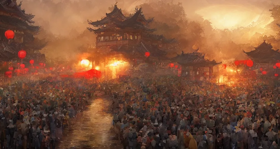 Prompt: craig mullins and ghibli digital art of zhongyuan festival in china ， lanterns ， gohst door with fire in the sky, black night sky, stars, below is the crowd, rivers, villages ， unreal engine, hyper realism, realistic shading, cinematic composition, realistic render, octane render, detailed textures, photorealistic, wide shot