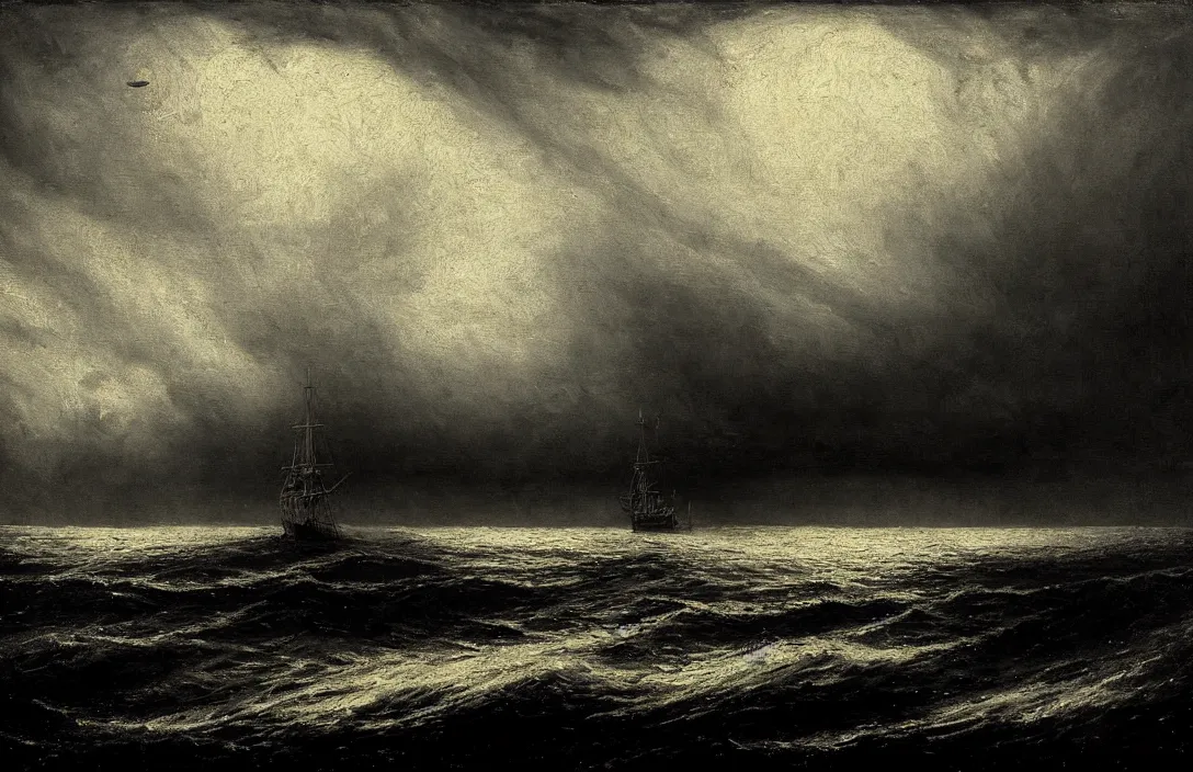 Prompt: excellent gesture and form ship ever further out to sea intact flawless ambrotype from 4 k criterion collection remastered cinematography gory horror film, ominous lighting, evil theme wow photo realistic postprocessing render by christopher soukup fusing a dream world of imagination with closely observed reality photograph by ansel adams painting by victor vasnetsov