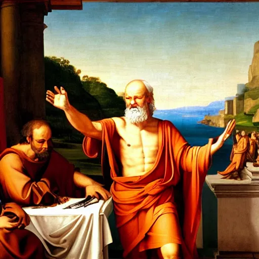 Image similar to socrates wearing a virtual reality headset, renaissance painting