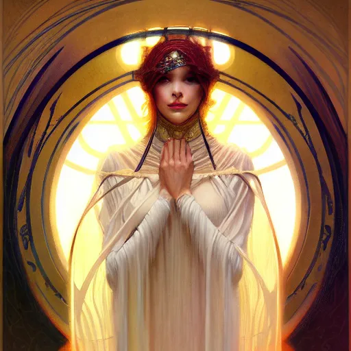 Prompt: character concept portrait of the oracle, a modest woman blessed by god to divine the future, tall and virtuous, symmetry, modestly clothed, intricate, elegant, highly detailed, digital painting, artstation, concept art, smooth, sharp focus, illustration, art by gaston bussiere and alphone mucha