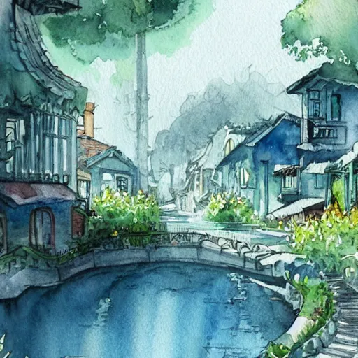 Image similar to Beautiful happy picturesque charming sci-fi town in harmony with nature. Beautiful light. Water and plants. Nice colour scheme, soft warm colour. Beautiful detailed watercolor by Lurid. (2022)