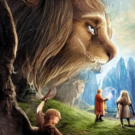 Image similar to Chronicles of Narnia and The Hobbit mixed into a dream storybook illustration