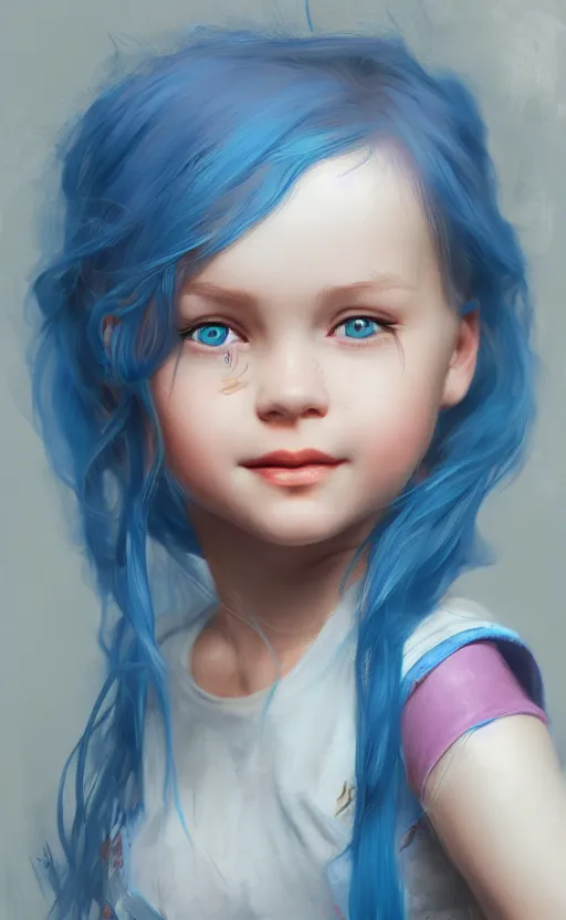 Image similar to little happy girl with blue hair, by Ilya Bondar, 8k, digital art, realistic, ultra detailed, concept art, trending on artstation