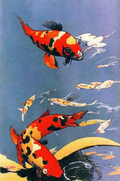 Image similar to a koi fish!!!! fighter robot by Frank Frazetta