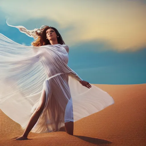 Prompt: filmstill photography of female body covered with curly white translucent blanket blowing in wind, acrylic liquid colors, luxurious supermodel photoshooting, golden jewelry, bokeh, godrays, strong wind, wrinkles, sunrays, sunset, lens flares, cold colors, sand dunes