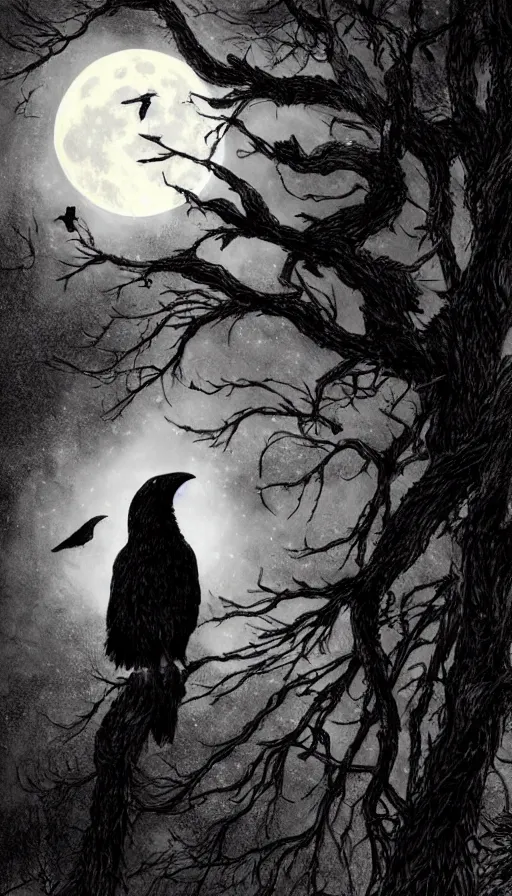 Prompt: book cover art, detailed close-up portrait of crow on a tree in front of the full big moon, dramatic lighting, cinematic, establishing shot, extremely high detail, foto realistic, cinematic lighting, pen and ink, intricate line drawings, by Yoshitaka Amano, Ruan Jia, Kentaro Miura, Artgerm, post processed, concept art, artstation, matte painting, style by eddie mendoza, raphael lacoste, alex ross