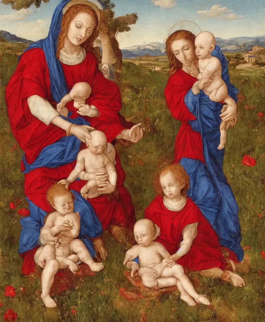 Prompt: Detailed Portrait of Madonna, curly red hair red shirt blue cloth, with infant Jesus, bald, playing with a thin cross and another boy in the style of Raffael. They are sitting in a dried out meadow near Florence, red poppy in the field. On the horizon, there is a blue lake with a town and blue mountains. Flat perspective.