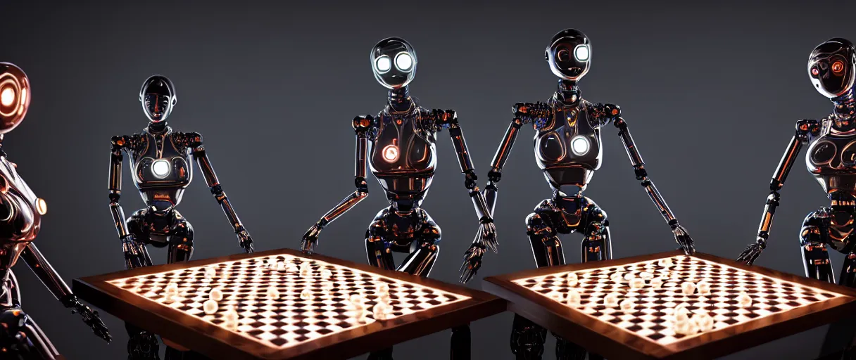 Prompt: a gorgeous highly detailed photo of two futuristic full - body humanoid robots with glowing led eyes sit on large midcentury recliners facing off in an intense game of checkers. cinematic movie photograph, cinematic lighting, arri alexa, extremely detailed, smooth, very very clean, 8 k, octane render, maya render, unreal engine, trending on artstation, dslr