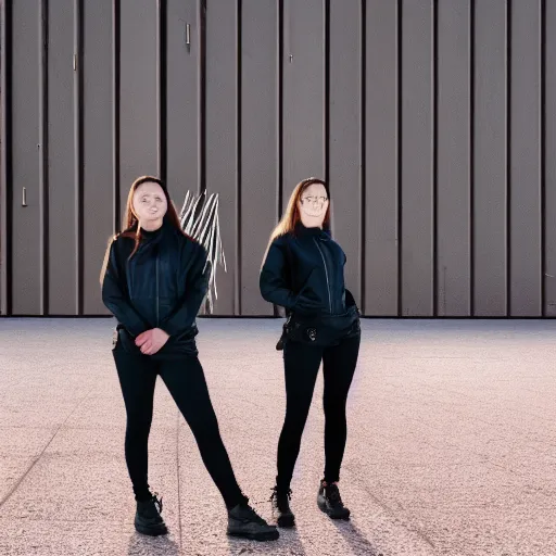 Image similar to photographic portrait of 2 clones in front of a brutalist metal building, 2 techwear women, on a desolate plain, red sky, sigma 8 5 mm f / 1. 4, 4 k, depth of field, high resolution, 4 k, 8 k, hd, full color