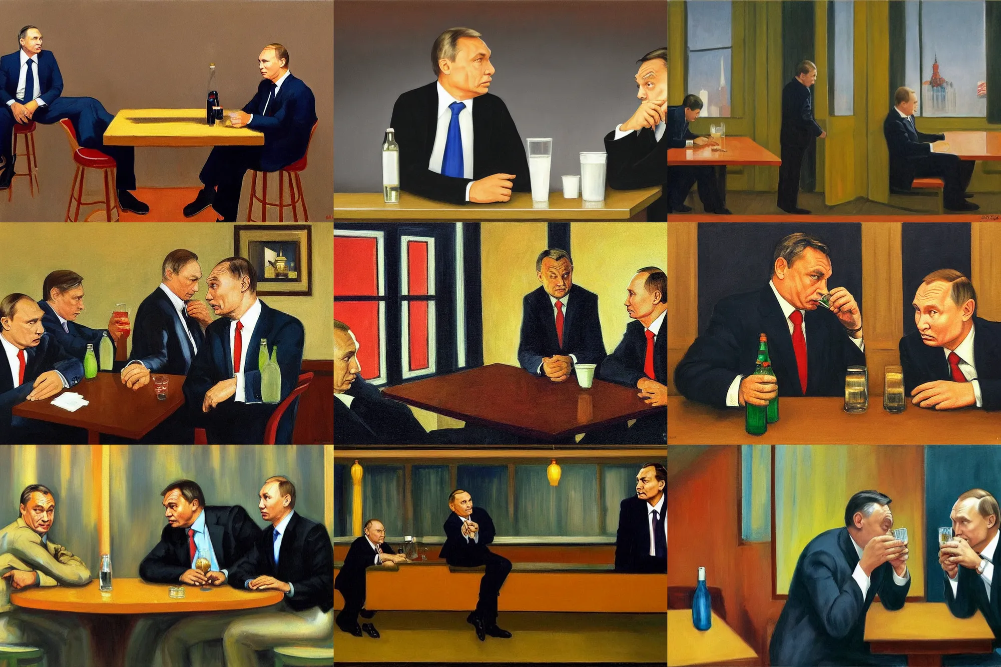 Prompt: viktor orban and putin drinking in an empty bar, in the style of edward hopper, highly detailed face