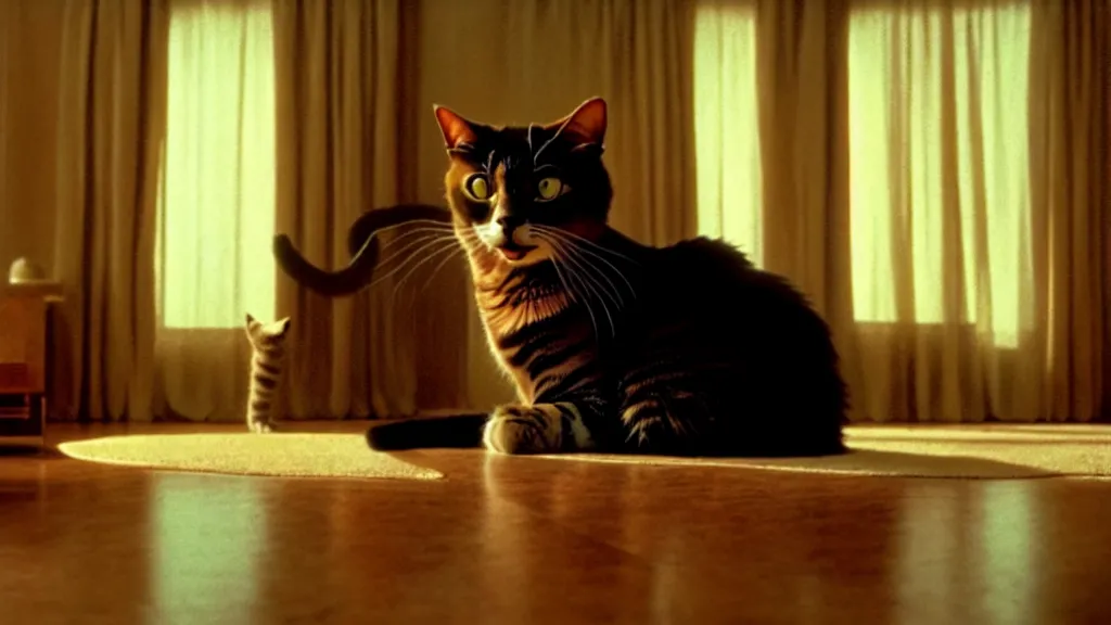 Image similar to an average american cat in the living room, film still from the movie directed by Denis Villeneuve with art direction by Salvador Dalí, wide lens