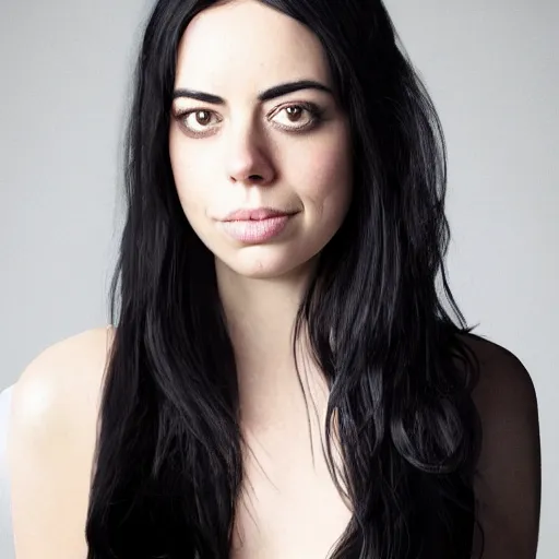 Image similar to a girl with long black hair and a side part, her face is a mix between aubrey plaza, krysten ritter and lucy hale